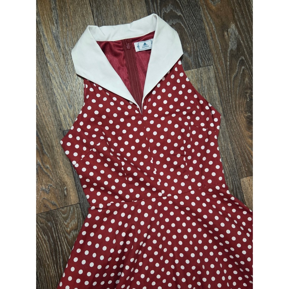 Zapaka Red Polka Dot Vintage Style Swing Dress White Collar Halter XS - Picture 2 of 7
